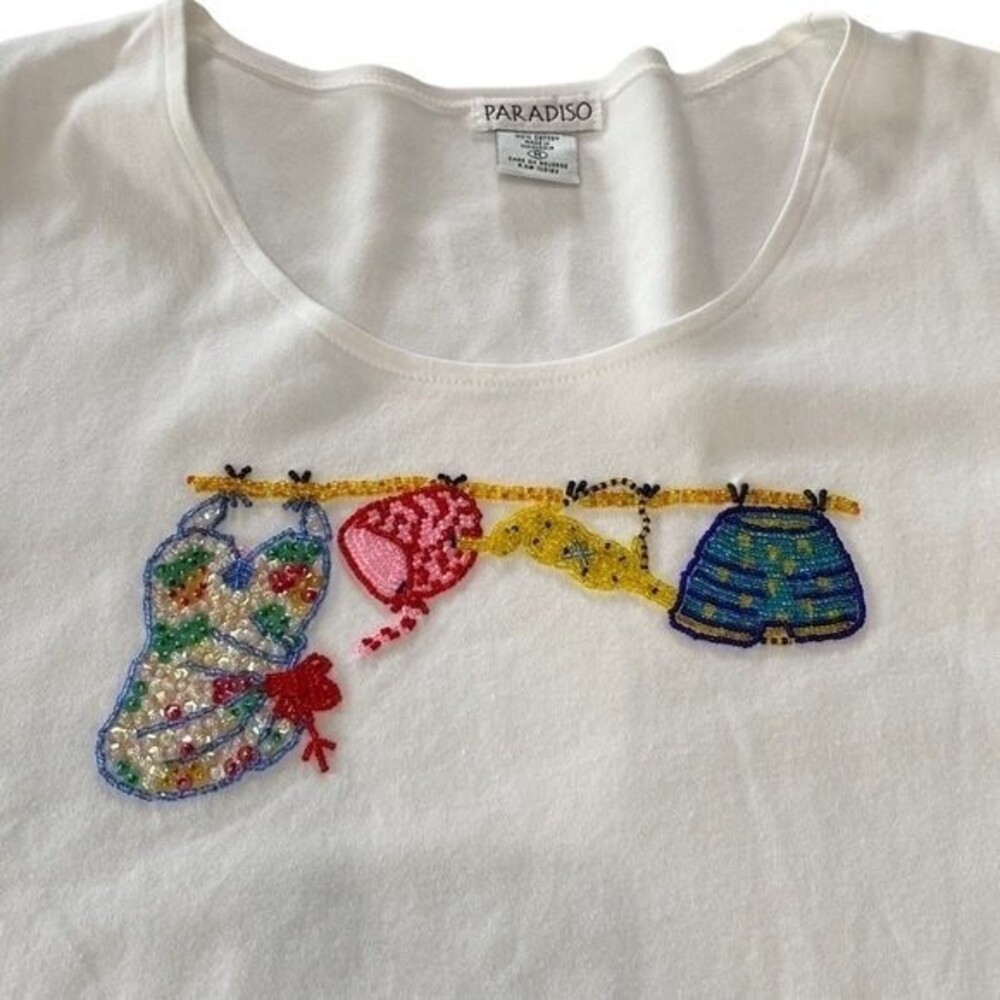 PARADISO Clothes Line Beaded Short Sleeve Cropped Tee Top Cotton Scoop Neck Cute - Picture 8 of 11